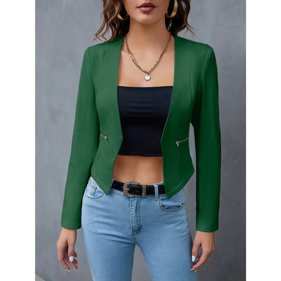 🌟 minimalist business casual Zip Detail Open Front Cropped Blazer jacket - Picture 8 of 8